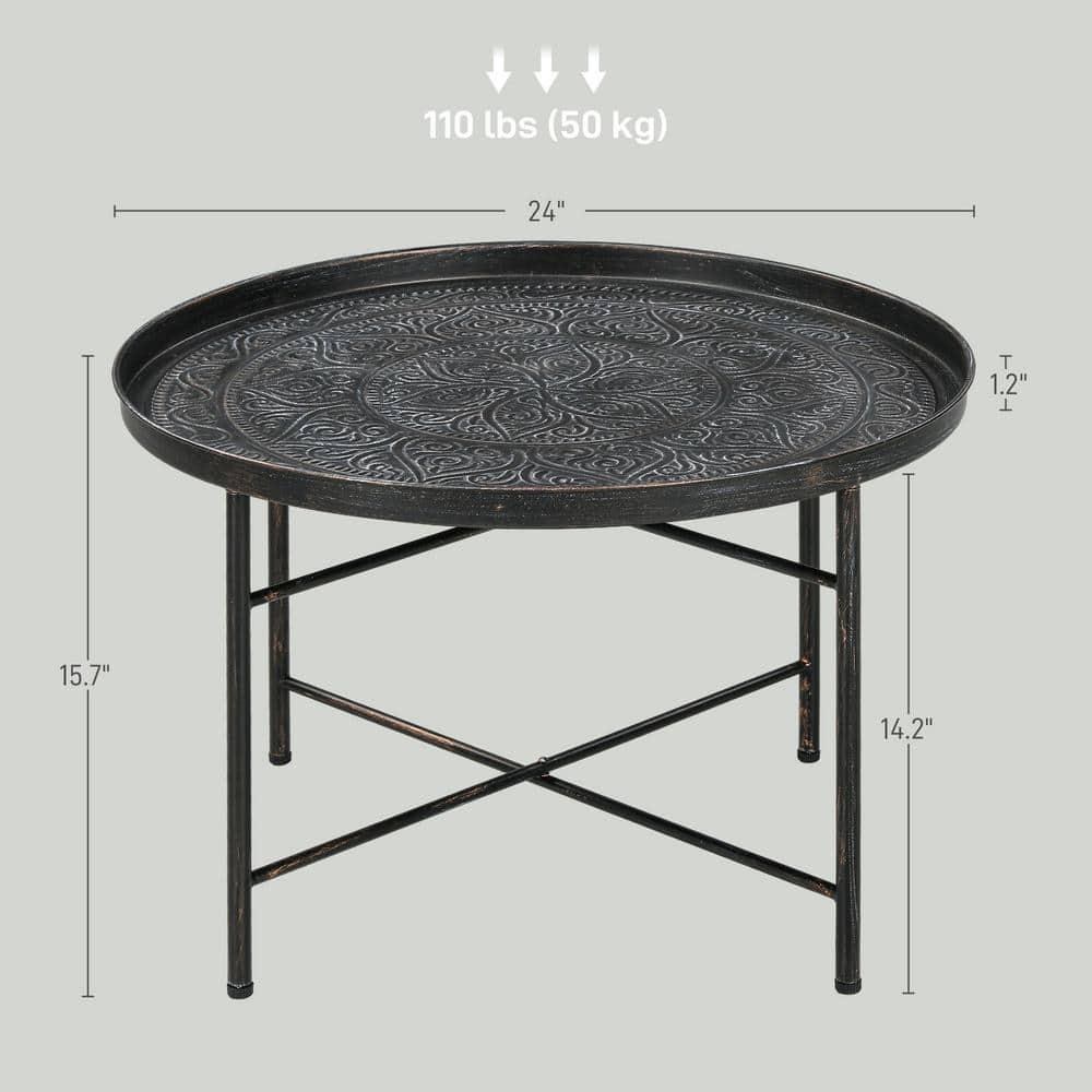 HOMCOM 24" Round Coffee Table with Hammered Tray Top, Vintage Metal Center Table for Living Room, Bedroom, Side Table, Pewter