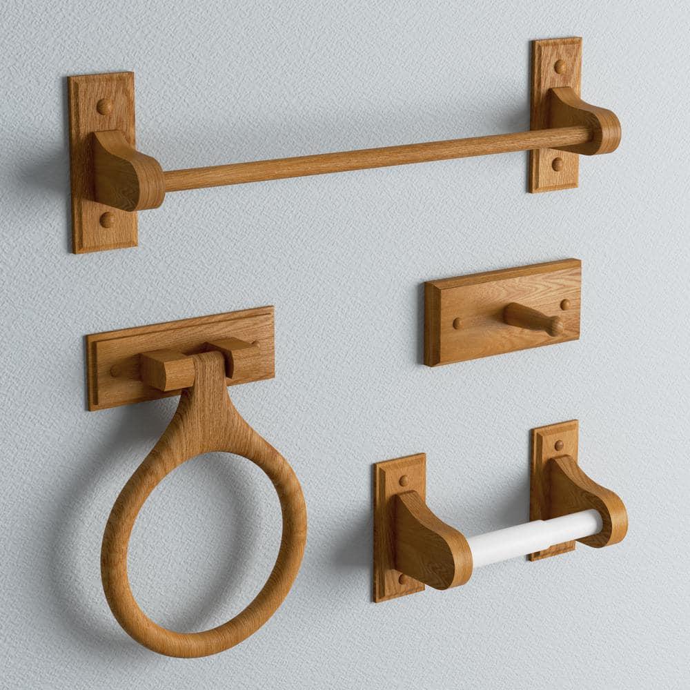 Dalton 4-Piece Bathroom Accessory Set, Honey Oak, Includes Towel Bar, Towel Ring, Toilet Paper Holder, and Robe Hook – Design House, 561258