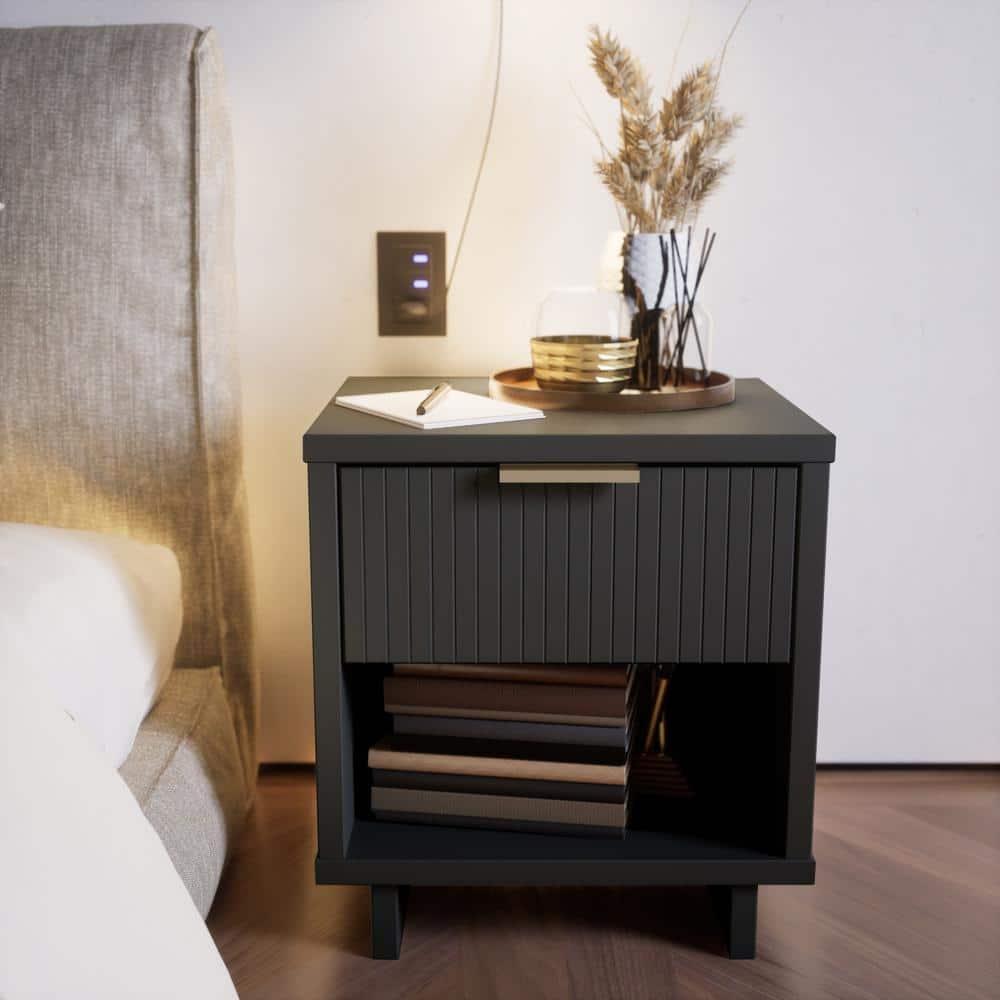 Manhattan Comfort Granville Modern 1 Drawer Nightstand Dark Gray : Bedroom Storage with Shelf, Wood Frame