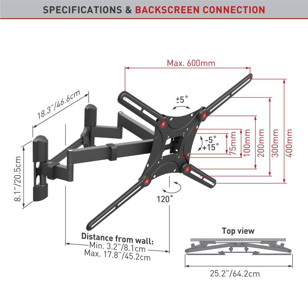Barkan 13" - 90" Full Motion, Dual Arm TV Wall Mount - Extension, Swivel & Tilt