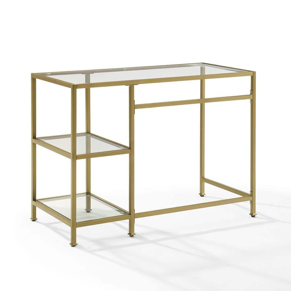 Aimee Desk Gold - Crosley: Sleek Steel Frame, Tempered Glass Top, Open Storage Shelf