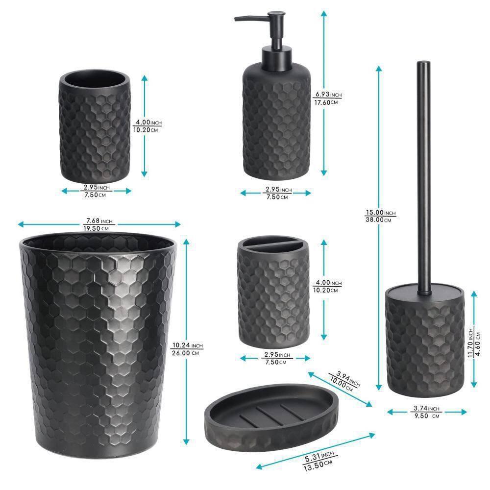 zccz Bathroom Accessory Set - 6 Pcs Black Bathroom Accessories Set with Trash Can, Toothbrush Holder, Toothbrush Cup, Soap Dispenser, Soap Dish, Toilet Brush with Holder - Accessoire Salle de Bain