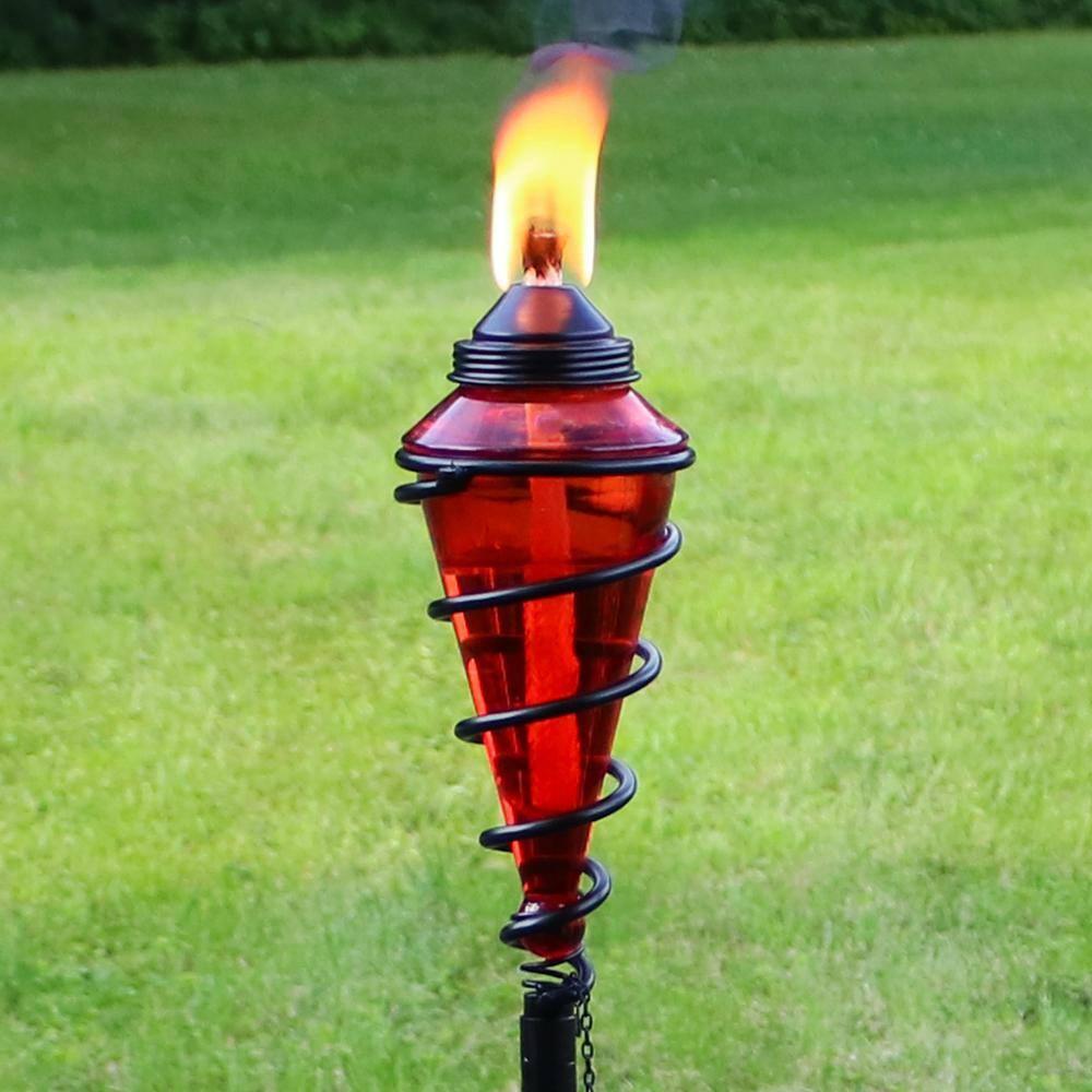 Sunnydaze Outdoor Adjustable Height Glass and Metal Swirl Patio and Lawn Torch Set - Red - 2pk