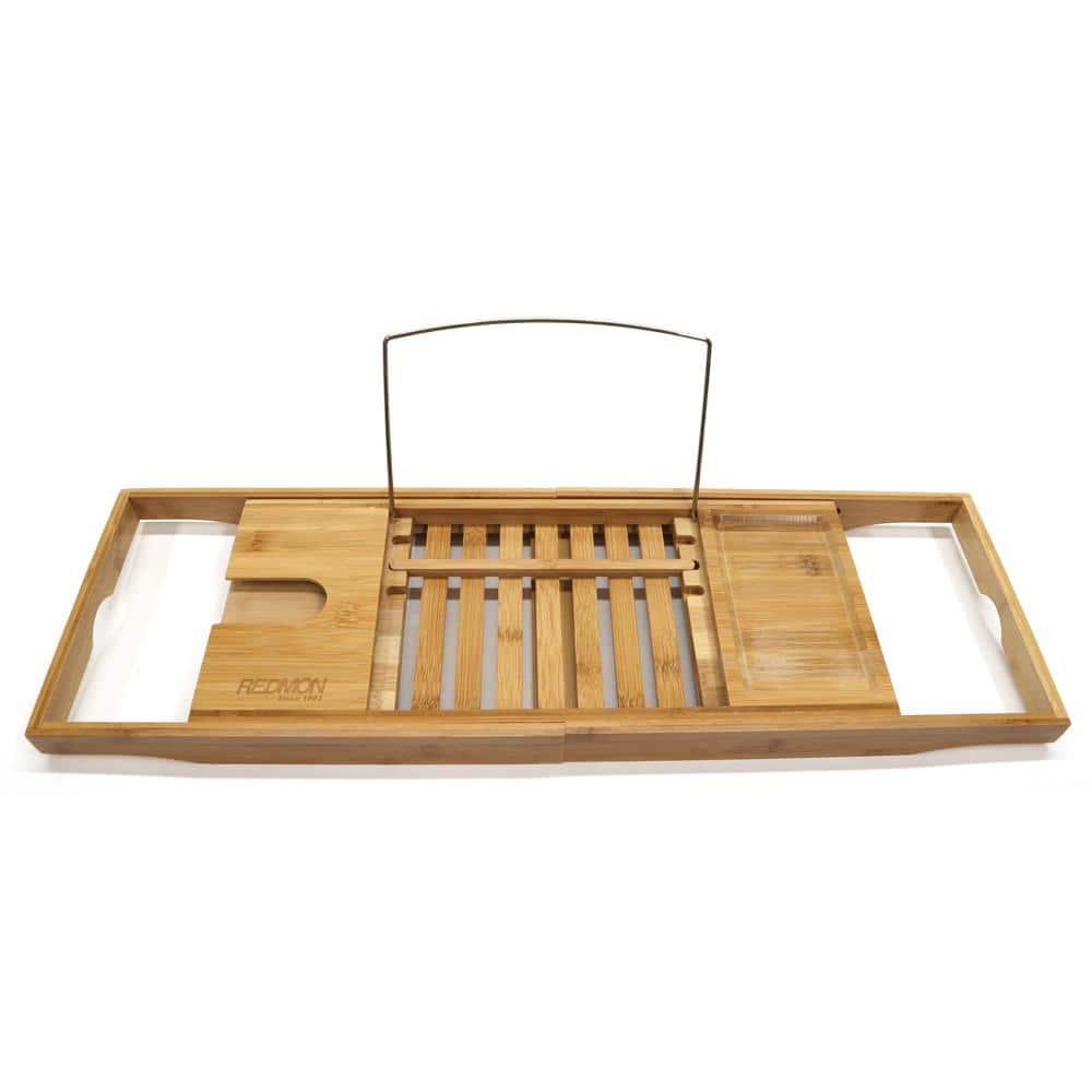 Bamboo Bath Caddy with Reader Stand and Wine Glass Holder, Adjustable Width to 41 Inches