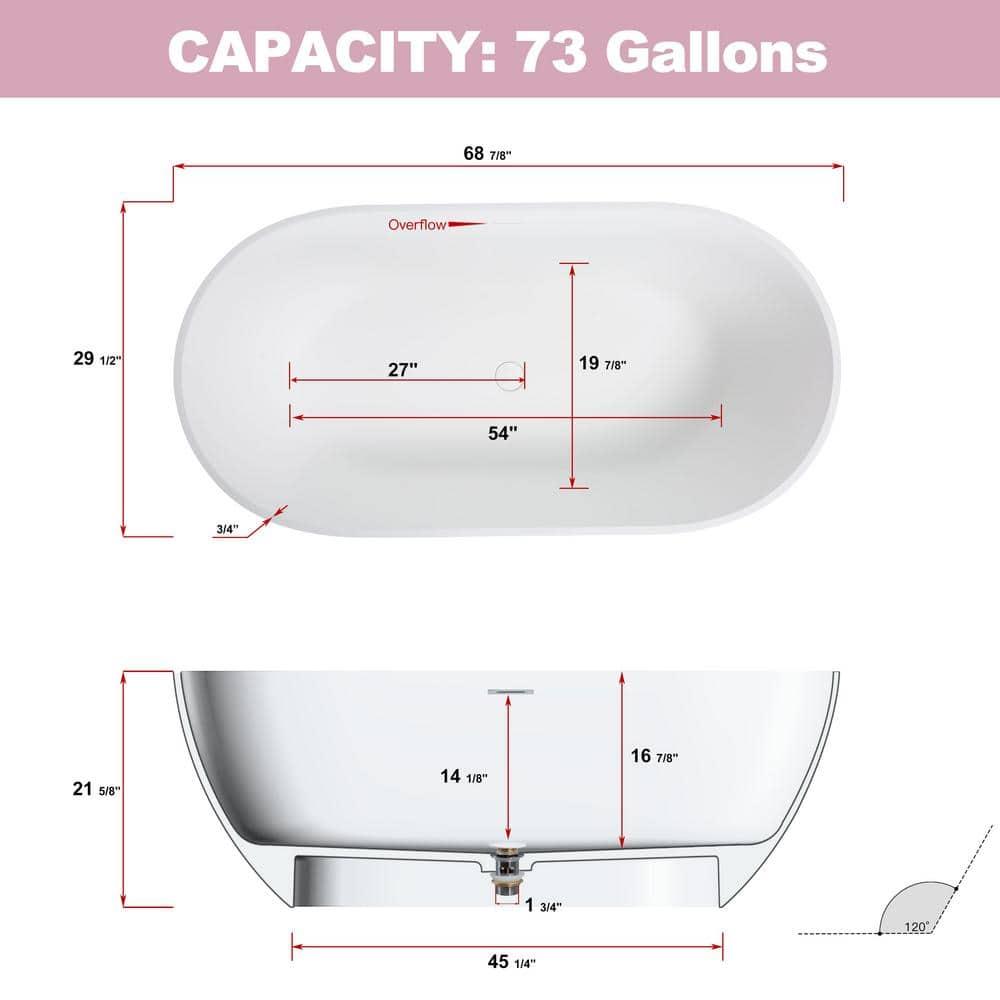 69'' x 29.5'' Freestanding Soaking Solid Surface Bathtub in White Finish with Drain