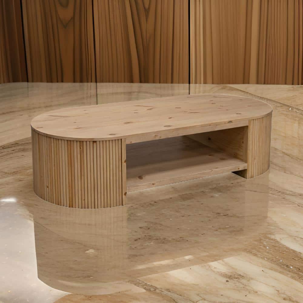 Benjara Izya 74 Inch Cocktail Coffee Table, Reeded Fluted Base, Brown Solid Wood