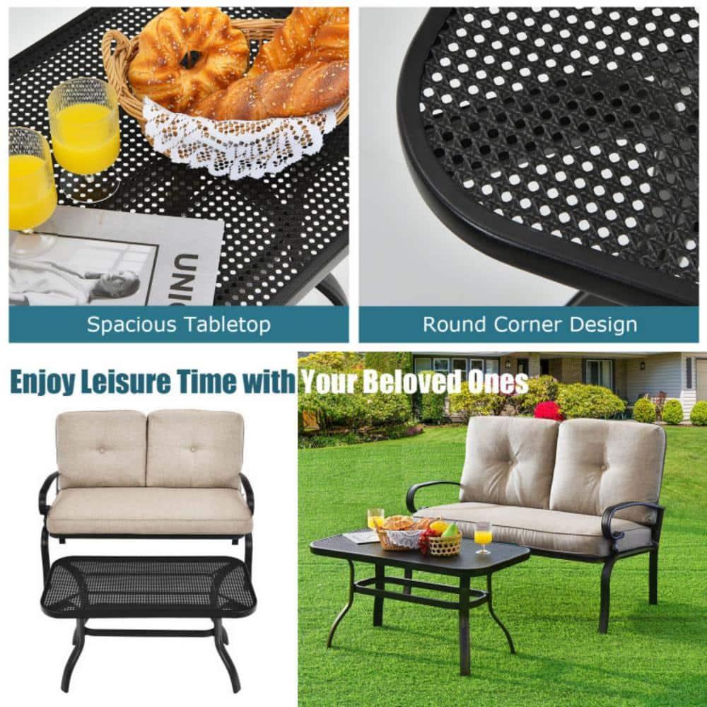 Beige Cushioned Steel Patio Loveseat with Coffee Table