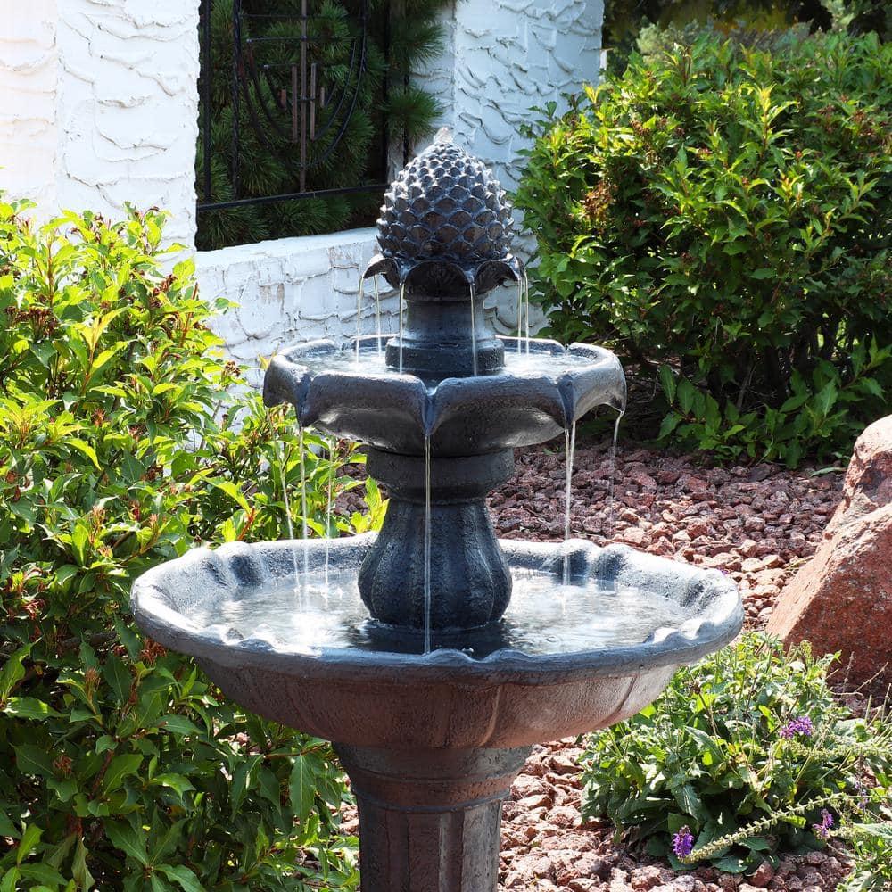 Sunnydaze Outdoor 2-Tier Solar Powered Pineapple Top Water Fountain with Battery Backup and Submersible Pump - 46" - Black