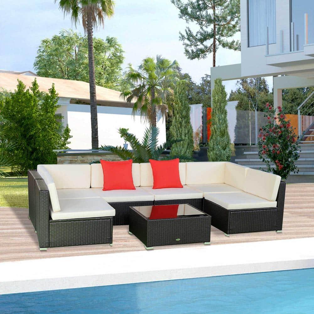Outsunny 7 Piece Outdoor Patio Furniture Set, PE Rattan Wicker Sectional Sofa Set with Couch Cushions, Pillows, Coffee Table, Beige