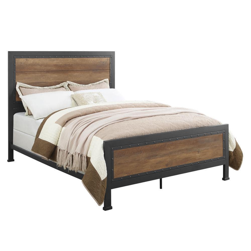 Rustic Oak Queen Bed with Metal Frame and Wood Headboard
