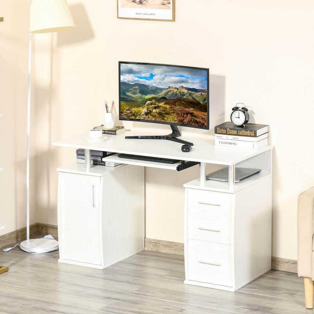 HOMCOM 47" Computer Desk with Keyboard Tray and Storage Drawers, Home Office Workstation Table with Storage Shelves, White