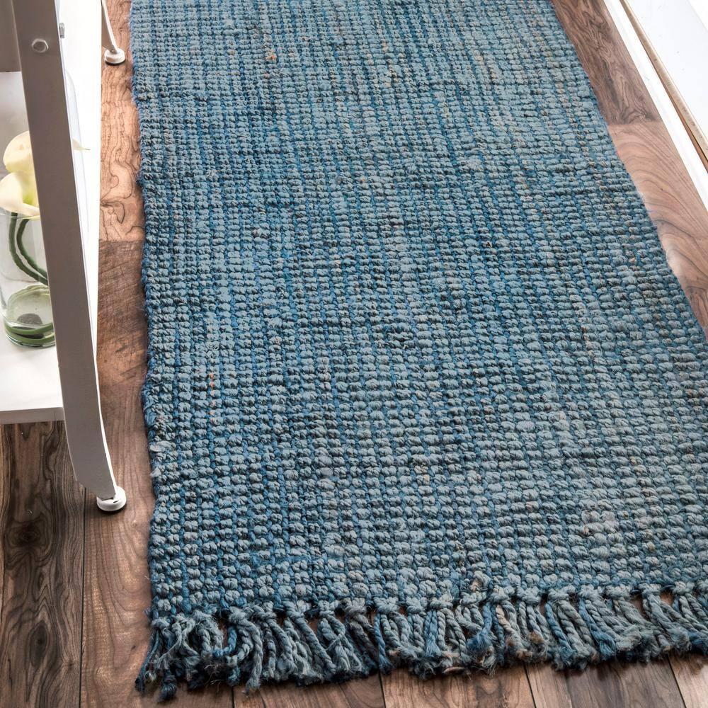 Nuloom 2x12 Daniela Jute Tassel Hand Woven Indoor Area Rug, Blue, Solid Chunky Farmhouse Design, Natural Fiber BedroomLiving Room