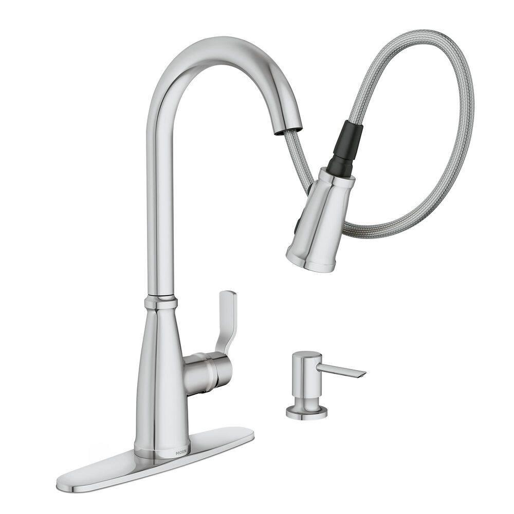 Moen Nolia Chrome One-Handle High Arc Kitchen Faucet with Pull Down Sprayer and Soap Dispenser, Kitchen Sink Faucet Featuring Power Boost Technology, 87071