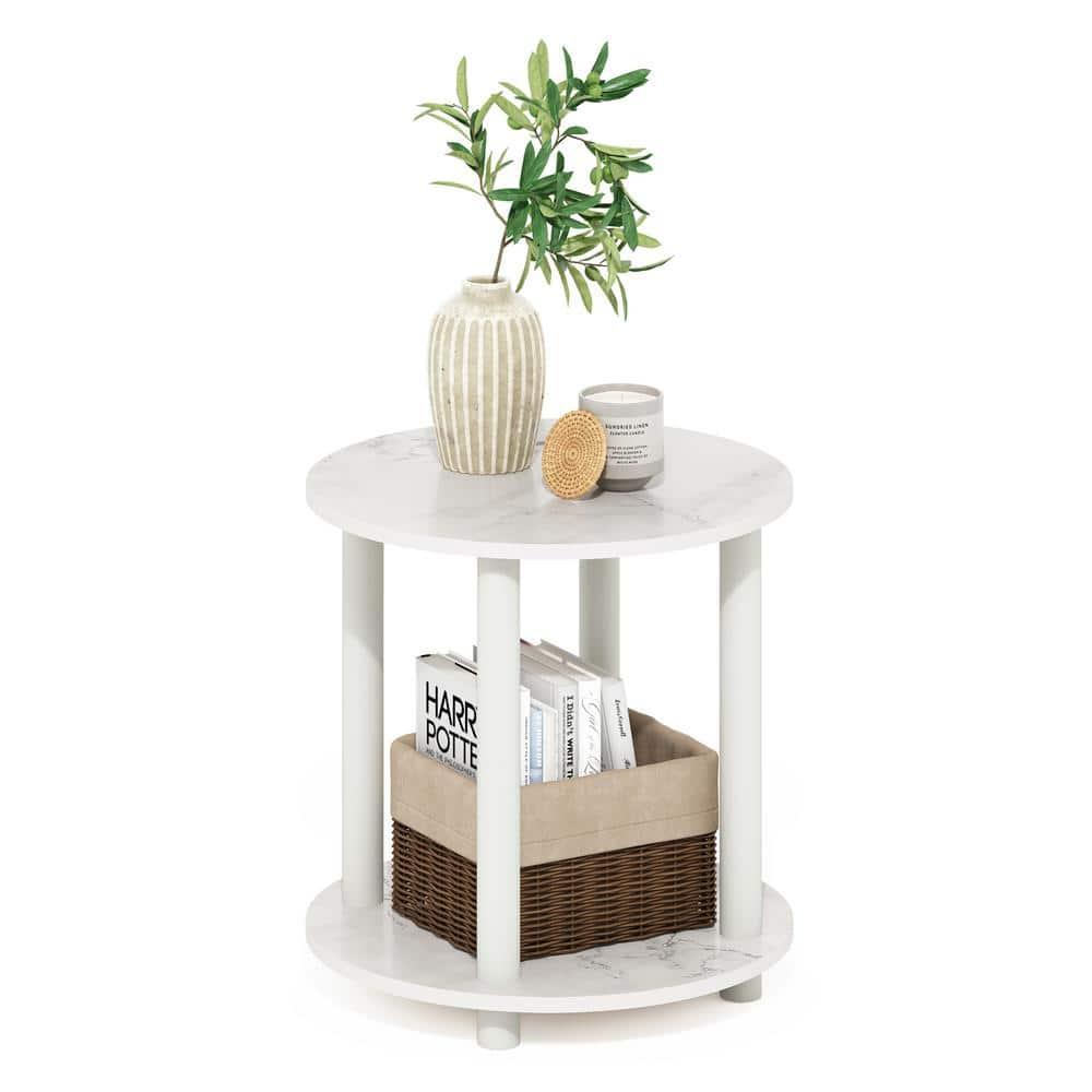 Furinno Turn-N-Tube 2-Tier Round Wooden End Table, Marble White