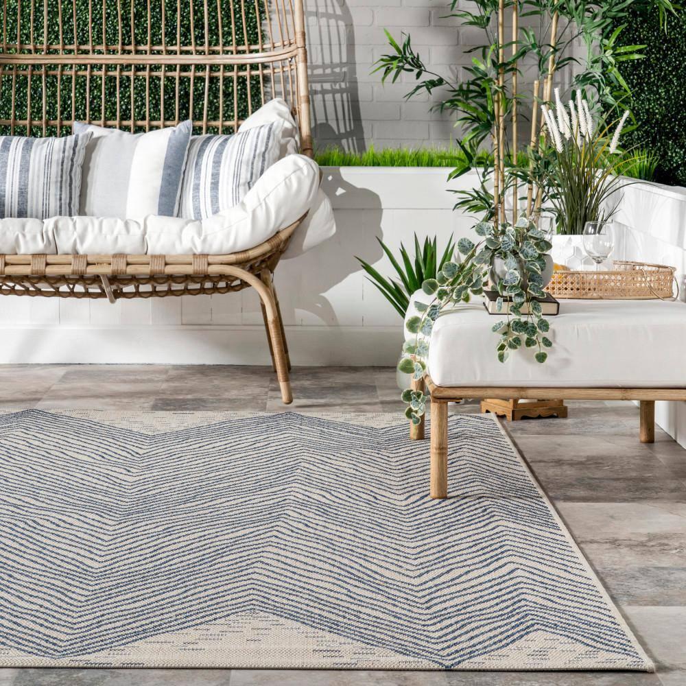 Dunham Abstract Indoor/Outdoor Area Rug for Living Room Patio Deck Front Porch Kitchen, Blue/Ivory