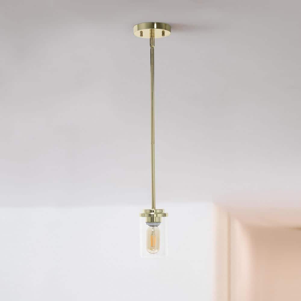 1-Light 5.75" Minimalist Industrial Farmhouse Adjustable Hanging Clear Cylinder Glass Pendant Gold - Lalia Home: UL Listed, Metal Body
