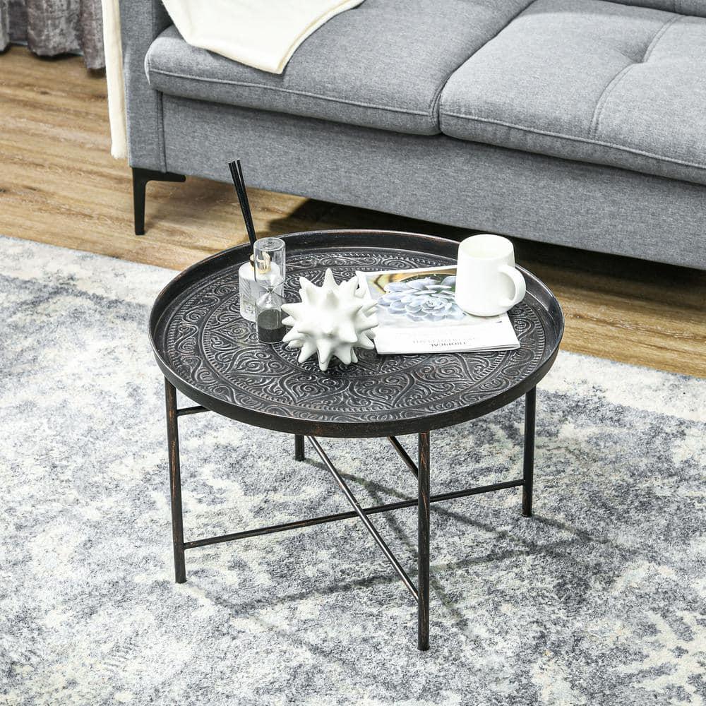 HOMCOM 24" Round Coffee Table with Hammered Tray Top, Vintage Metal Center Table for Living Room, Bedroom, Side Table, Pewter