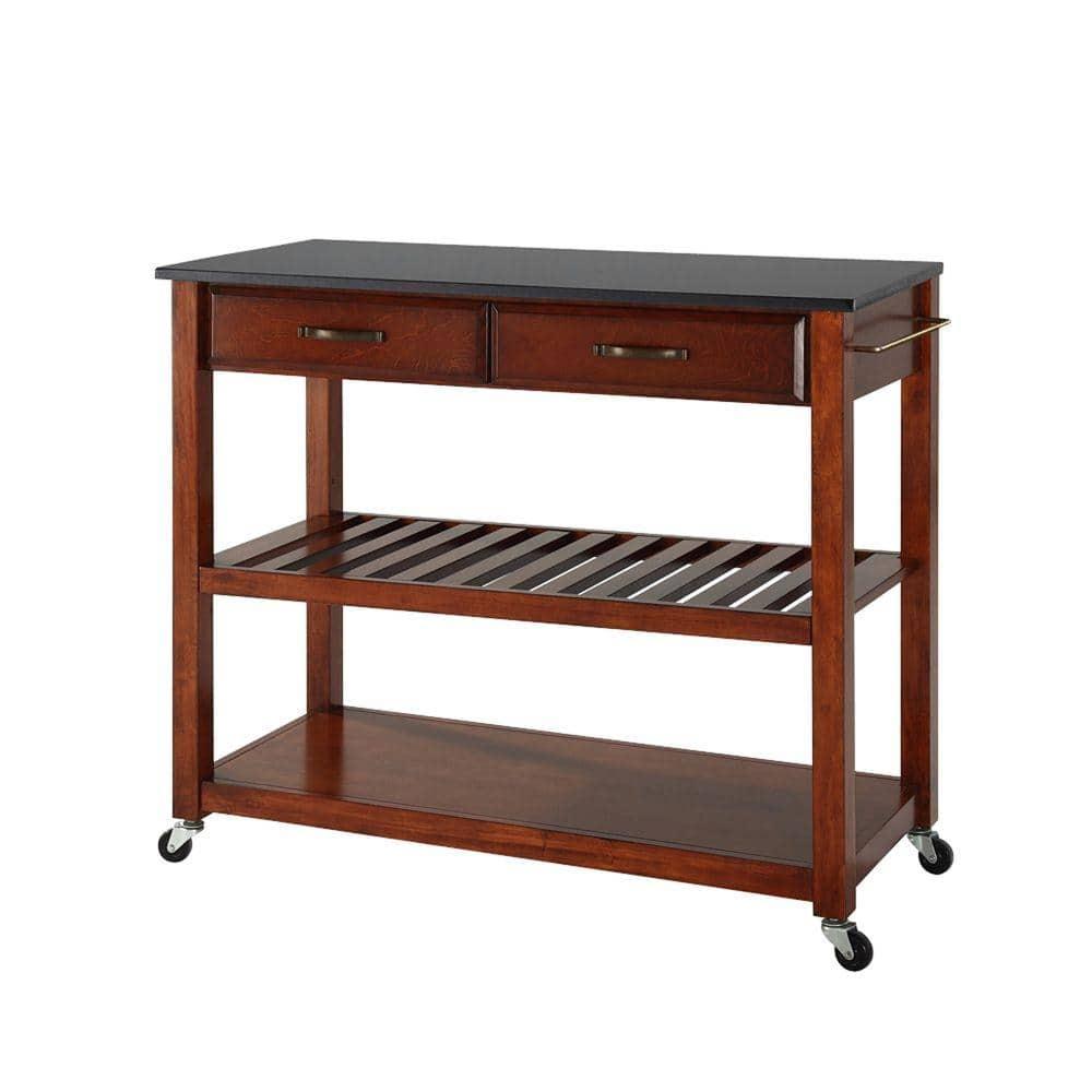 Crosley Solid Black Granite Top Kitchen Cart/Island with Optional Stool Storage Classic Cherry: Modern Rolling Furniture with Storage, 2 Shelves