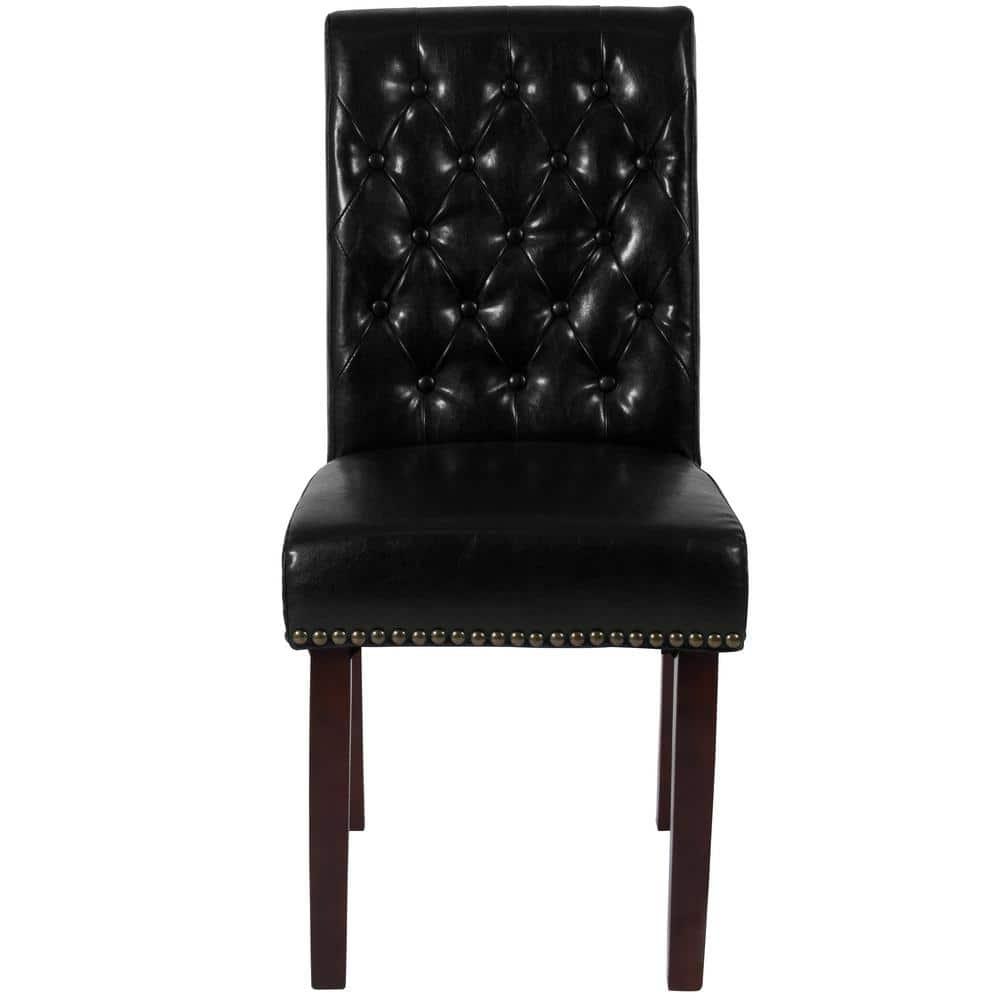 Flash Furniture HERCULES Series Black LeatherSoft Parsons Chair with Rolled Back, Accent Nail Trim and Walnut Finish