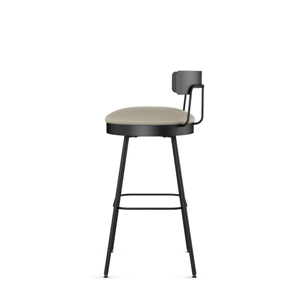 Greige Faux Leather Swivel Bar Stool with Black Metal Base