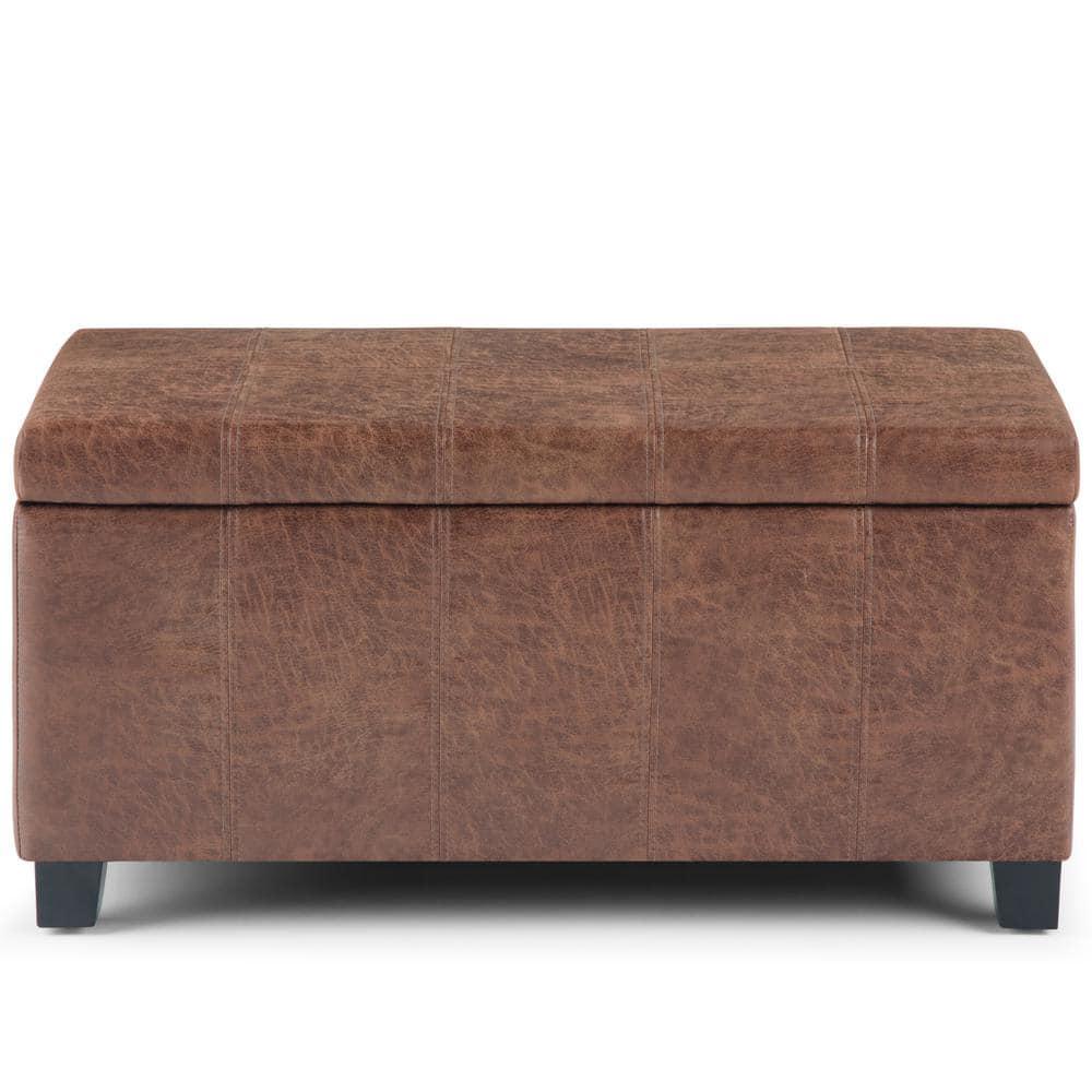 Simpli Home Dover Faux Leather Storage Ottoman Bench in Umber Brown