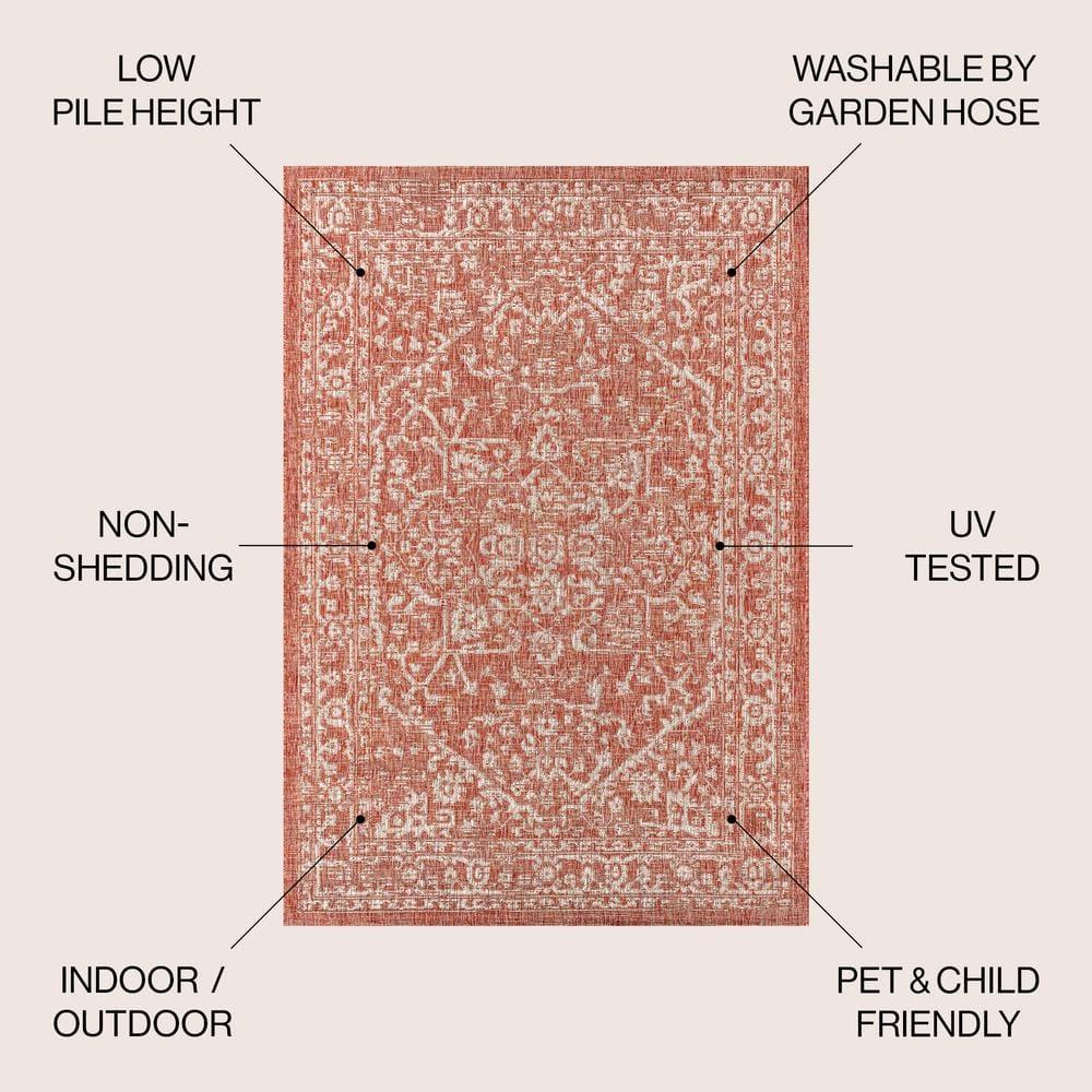 4'x6' Malta Bohemian Medallion Textured Weave Indoor/Outdoor Area Rug, Red/Taupe - JONATHAN Y