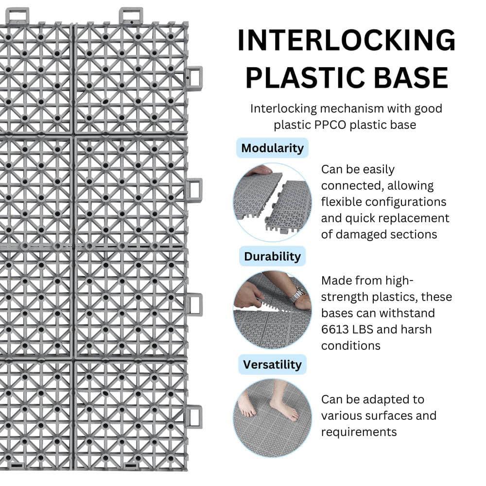 LoLado 12Pcs Plastic Interlocking Deck Tiles 12" x 12" Rosette Pattern Waterproof Outdoor All Weather Anti-slip Tiles for Bathroom Shower Balcony Porch, Gray