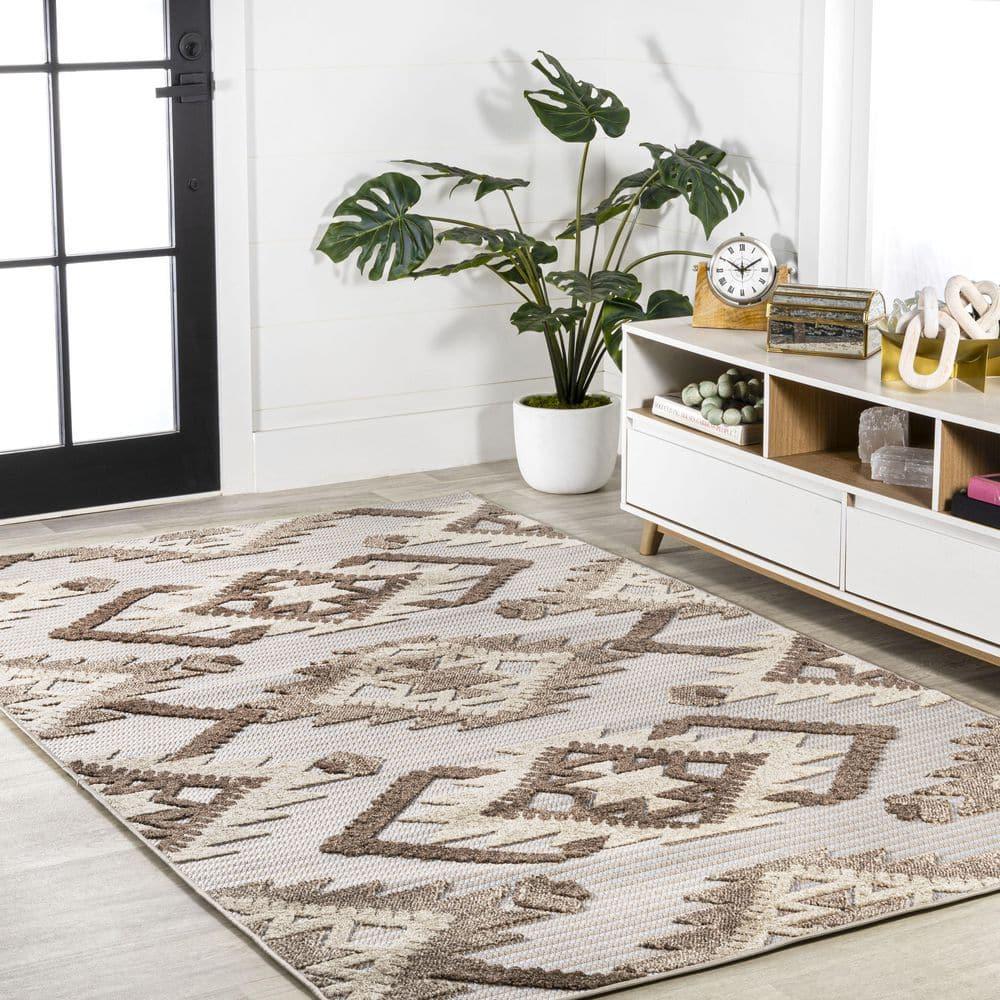 4'x6' Sumak High-Low Pile Neutral Diamond Kilim, Brown/Ivory - JONATHAN Y