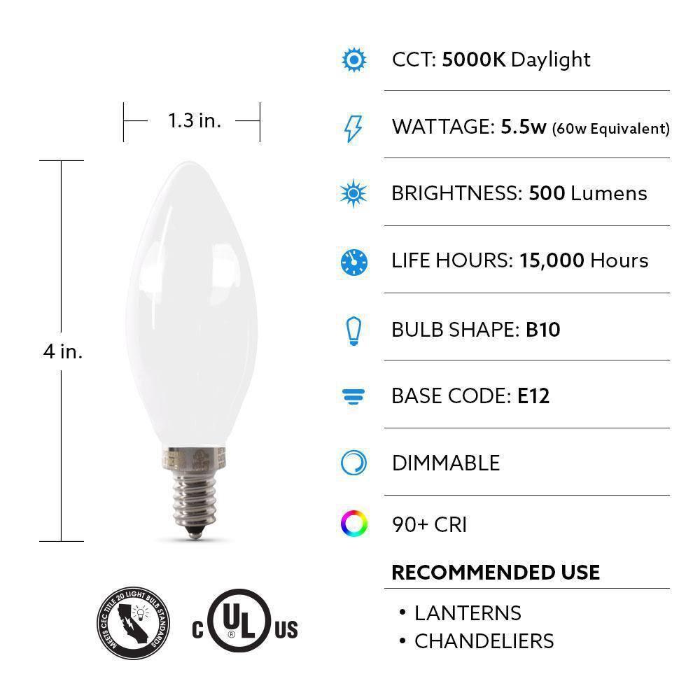 Feit Electric Enhance Blunt Tip E12 (Candelabra) Filament LED Bulb Daylight 60 Watt Equivalence 2 pk