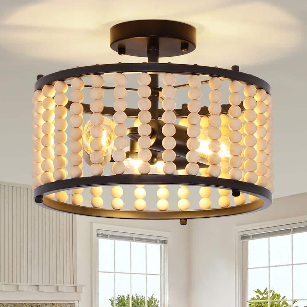 GoYeel Semi Flush Mount Ceiling Light Fixtures 3-Light Wooden Beaded Chandeliers Farmhouse Black