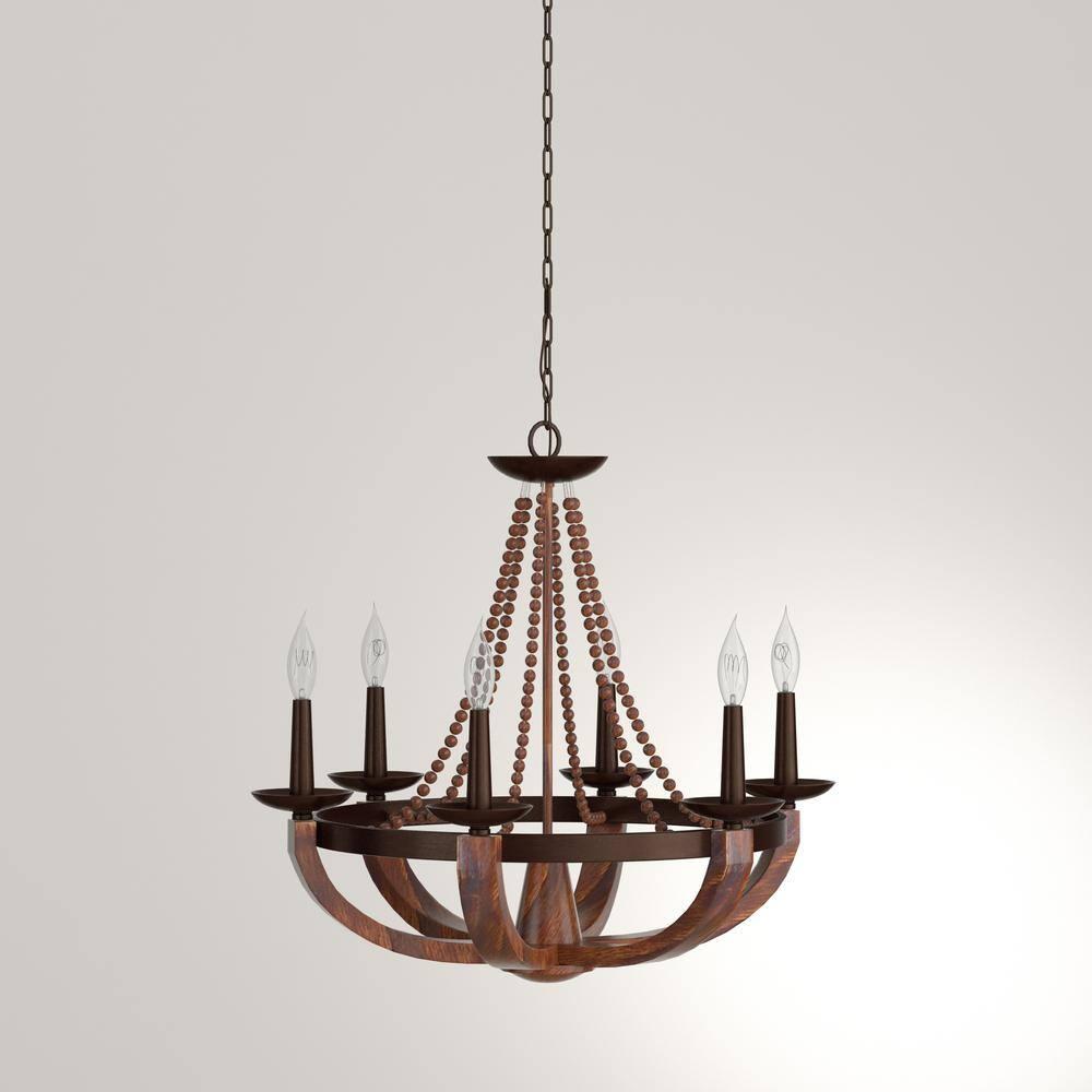 Mini Adan Rustic Iron & Burnished Wood 6-Light Chandelier