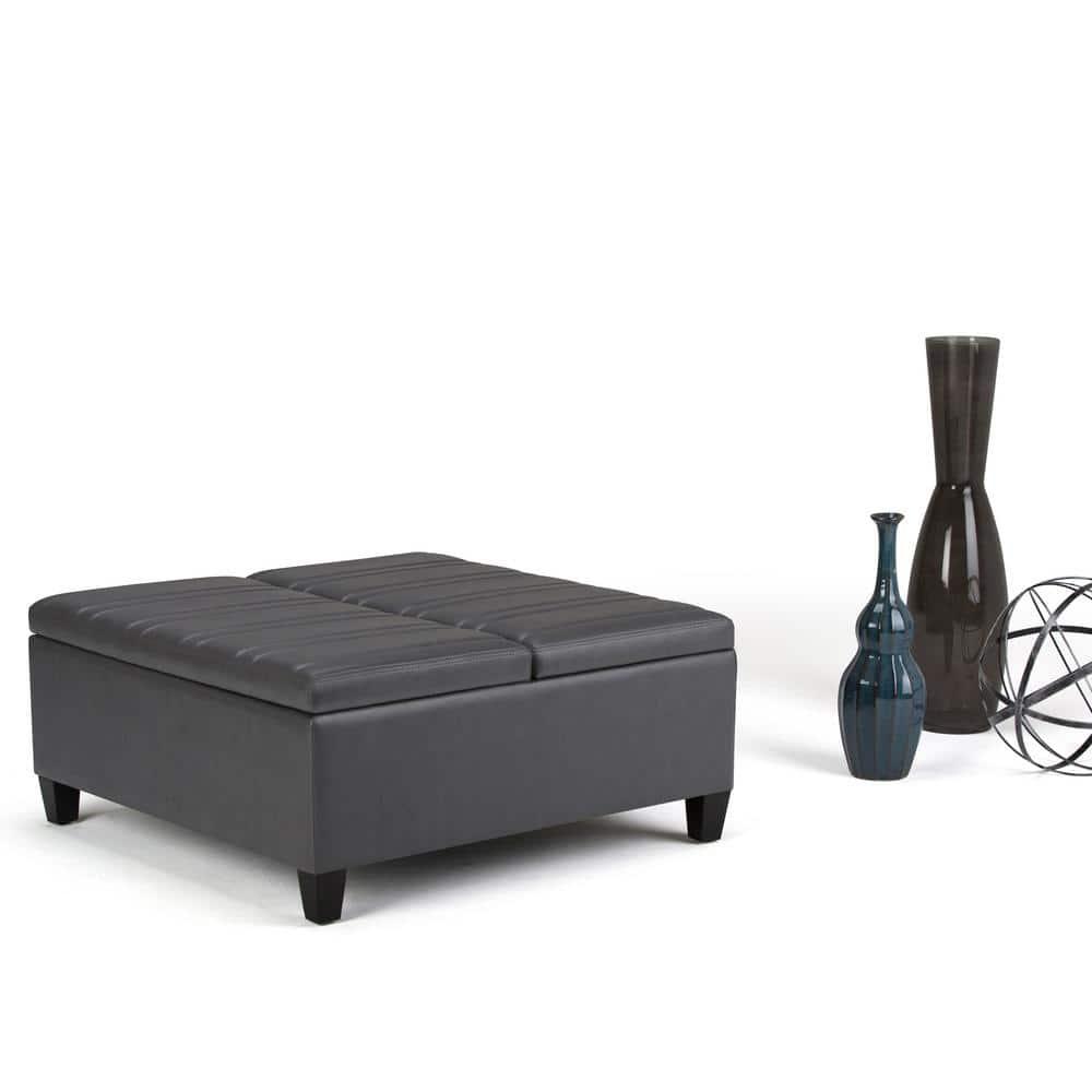 Simpli Home Ellis 36"W Upholstered Square Coffee Table Storage Ottoman with Split Lift Top