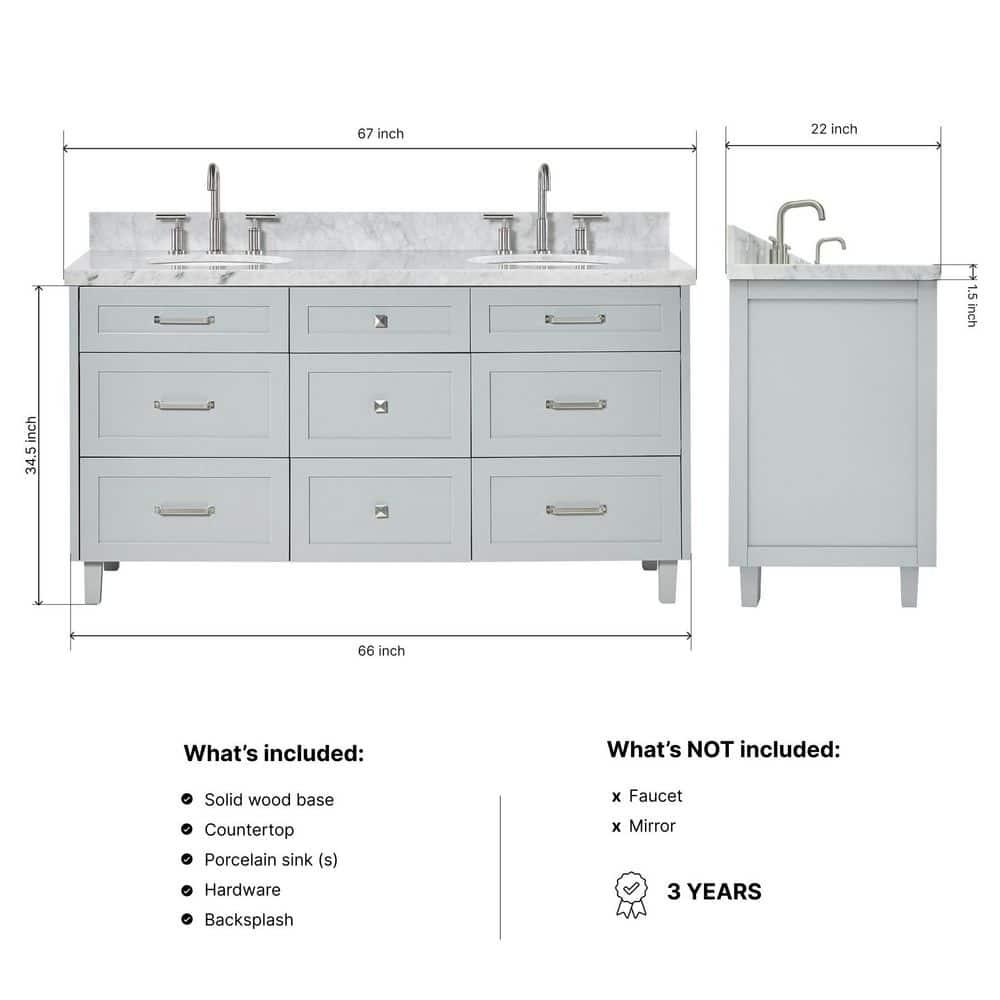 Ariel Bath Ariel Monrow 67 Inch Double Oval Sink Bathroom Vanity With Italian Carrara Marble Countertop