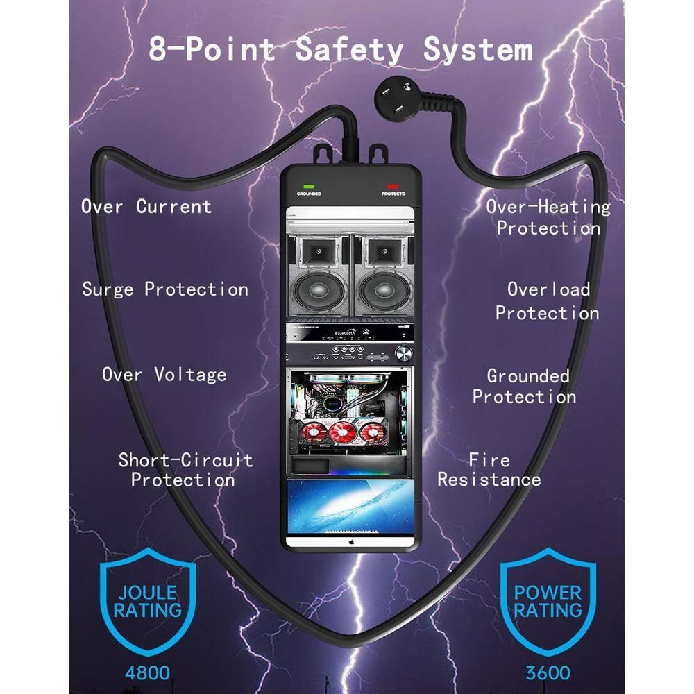 Surge Protector Power Strip 10 ft Cord Heavy Duty High Joules Surge Protection (4800J),18AC,4 USB Ports (2A+2C PD20W Total 37W),1875W 15A,for Commercial,Industrial,Office,Home,College,Black
