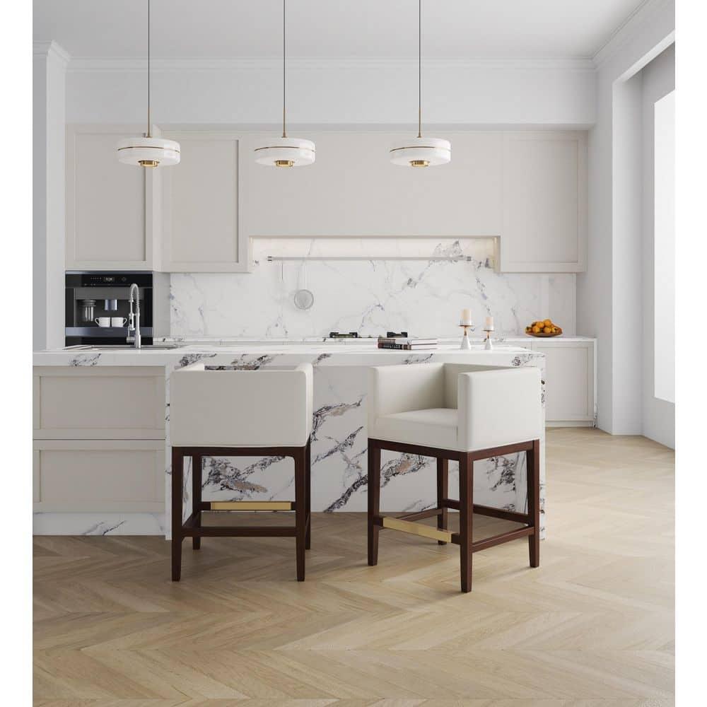 Kingsley Beech Wood Counter Height Barstool Ivory - Manhattan Comfort: Faux Leather, Gold Footrest, No Assembly Required