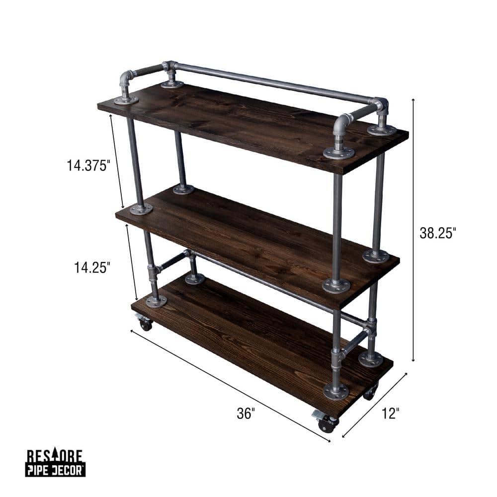 PIPE DECOR Restore by Industrial 3 Tier Solid Wood & Steel Pipe Bar Cart with Wheels Boulder Black