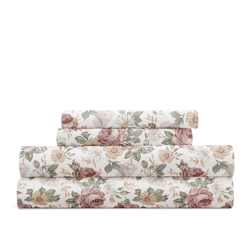 California King Ivory Floral Microfiber Polyester Sheet Set