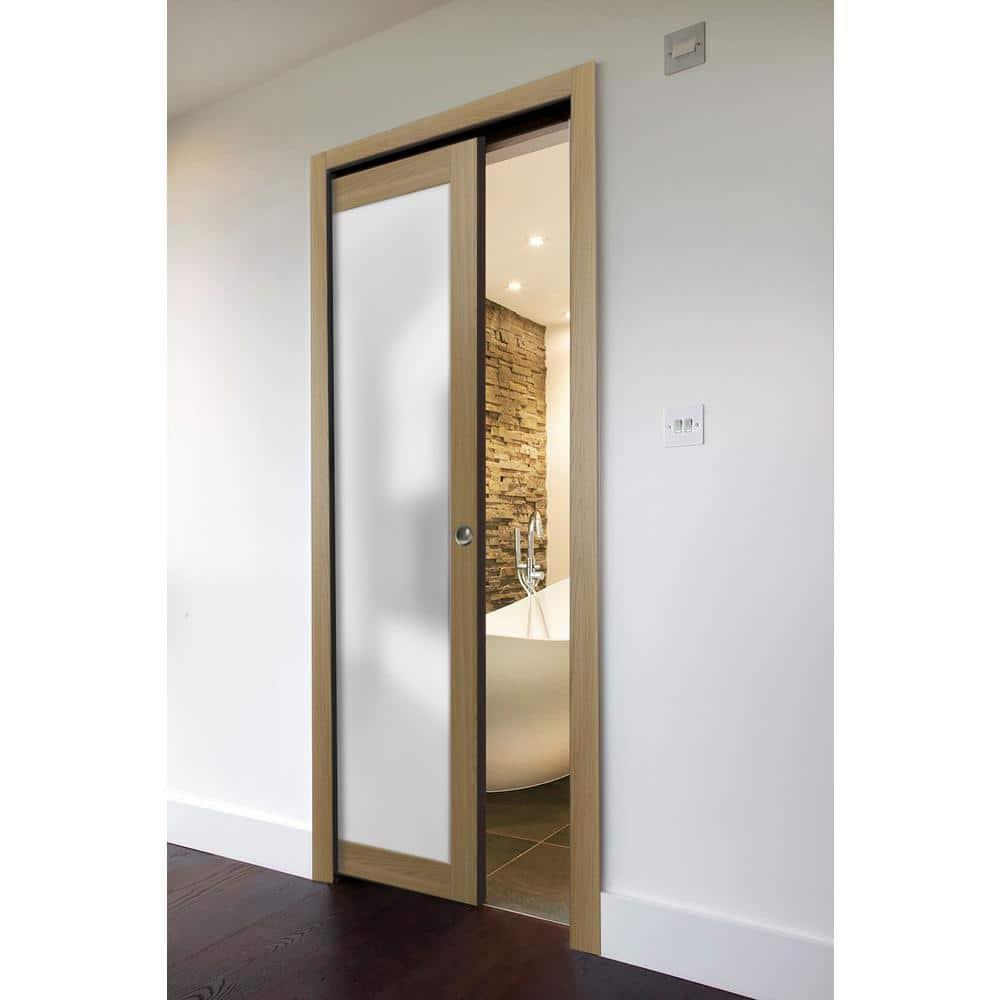Sliding Pocket Door with Tempered Glass | Planum 2102 | Kit Trims Rail Hardware | Solid Wood Interior Bedroom Bathroom Closet Sturdy Doors -18" x 96"
