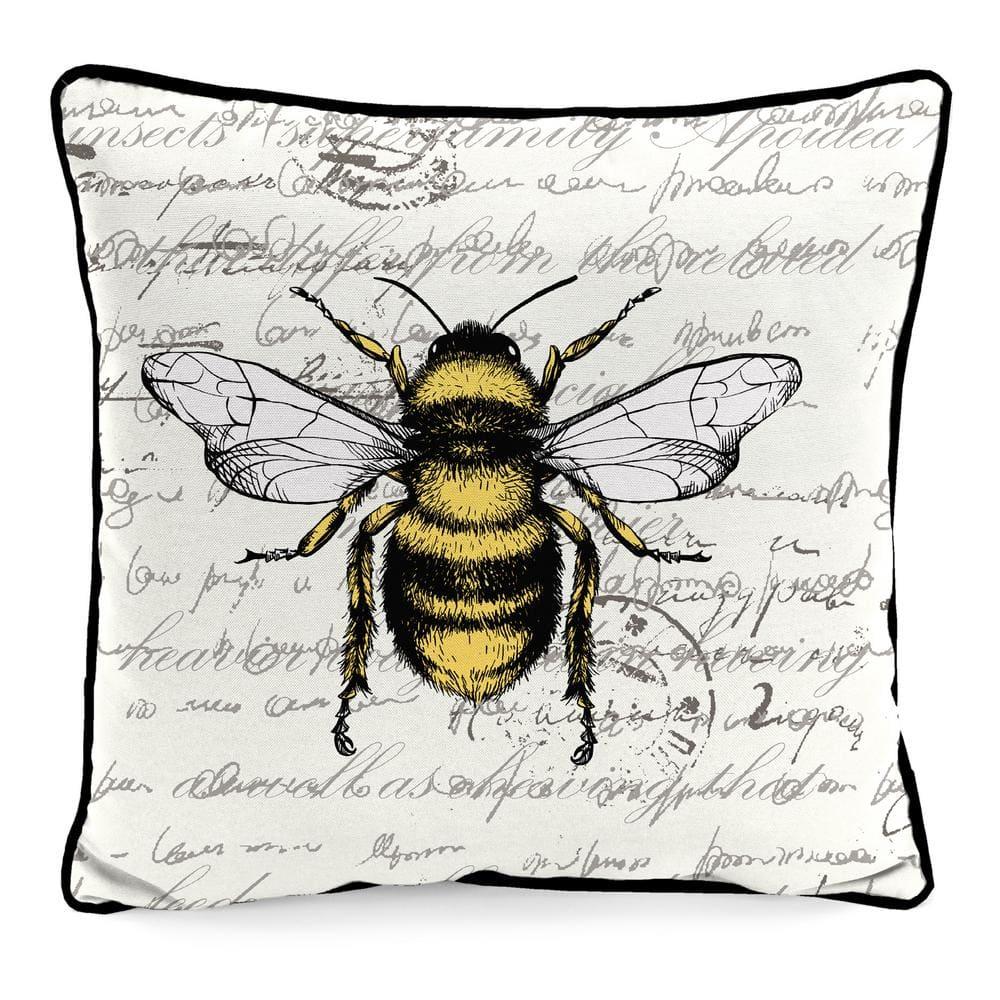 Jordan Manufacturing 16" x 16" Bee Script Cream Novelty Square Outdoor Throw Pillow with Welt