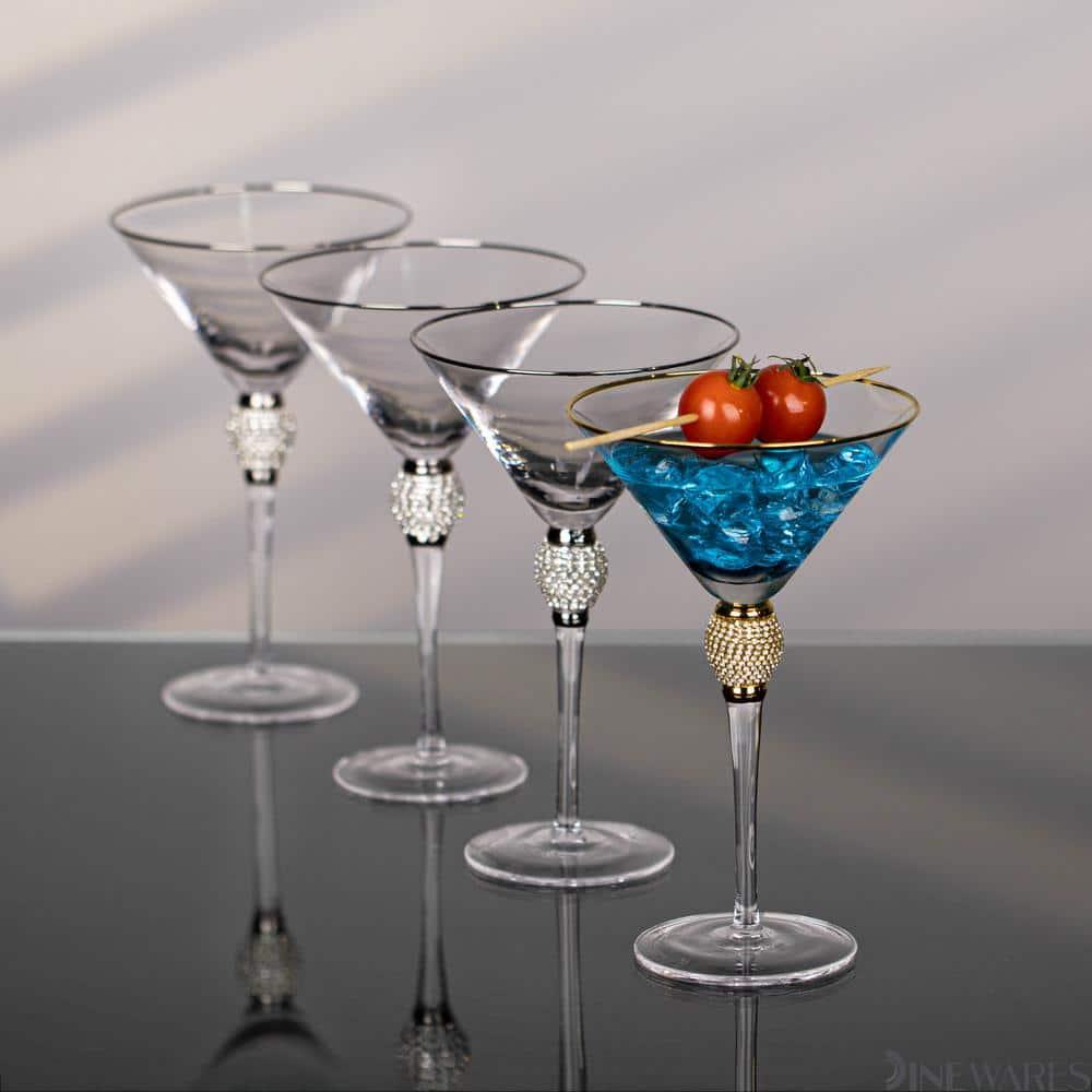 Dinewares Clear Stem Crystal Martini Glasses with Rim and Diamond-like Rhinestones, Elegant 10oz Glassware Set for Cosmopolitan Vodka, Gold Set of 4
