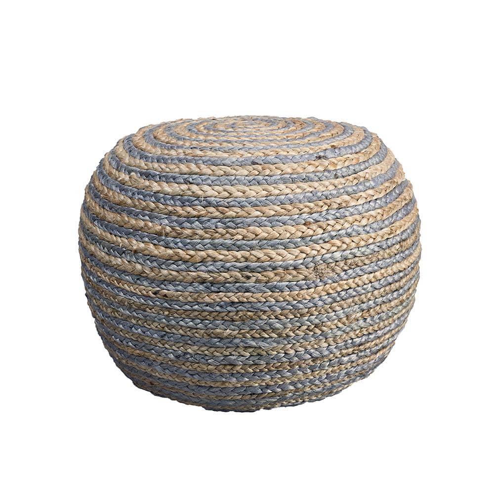 LR Home Savanna Round Grey/Natural Striped Indoor Pouf Ottoman, 20" H x 14" W