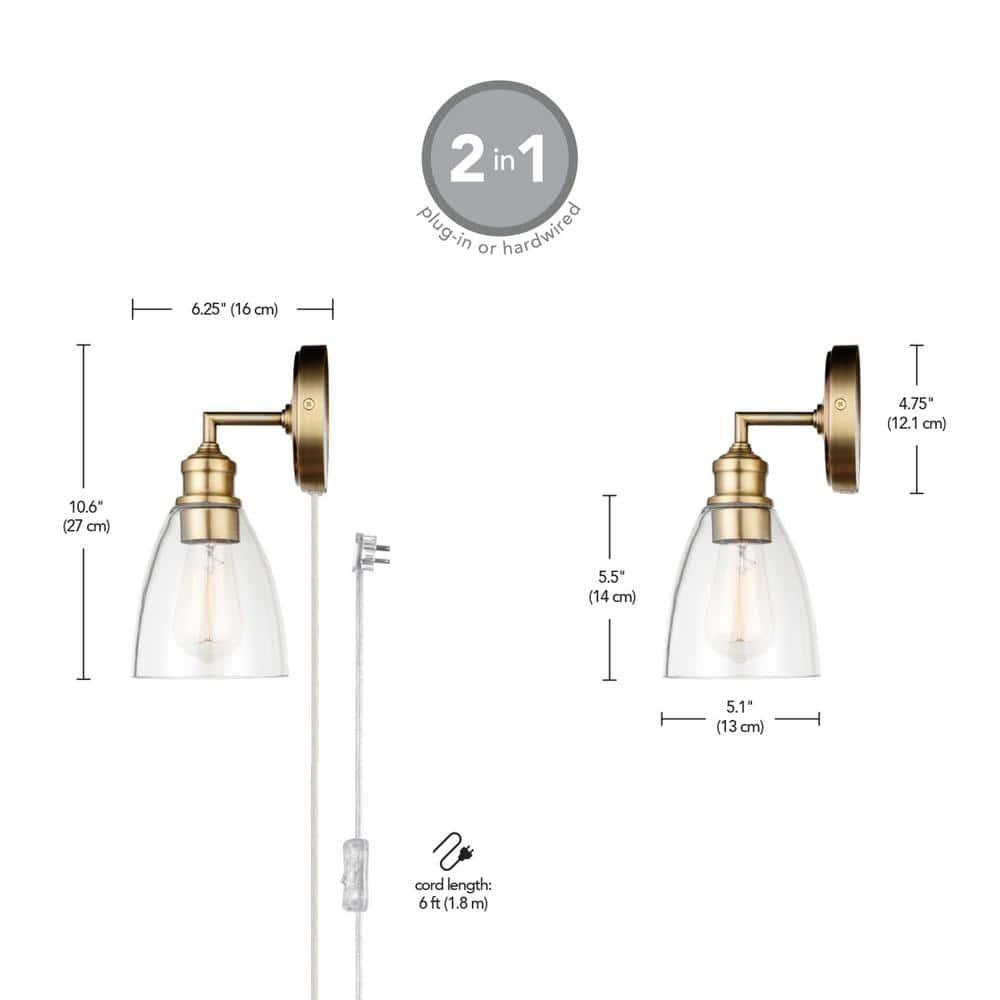 Globe Electric Molly 1-Light Matte Brass Plug-In or Hardwire Wall Sconce with Clear Glass Shade, Bulb Included, 51613