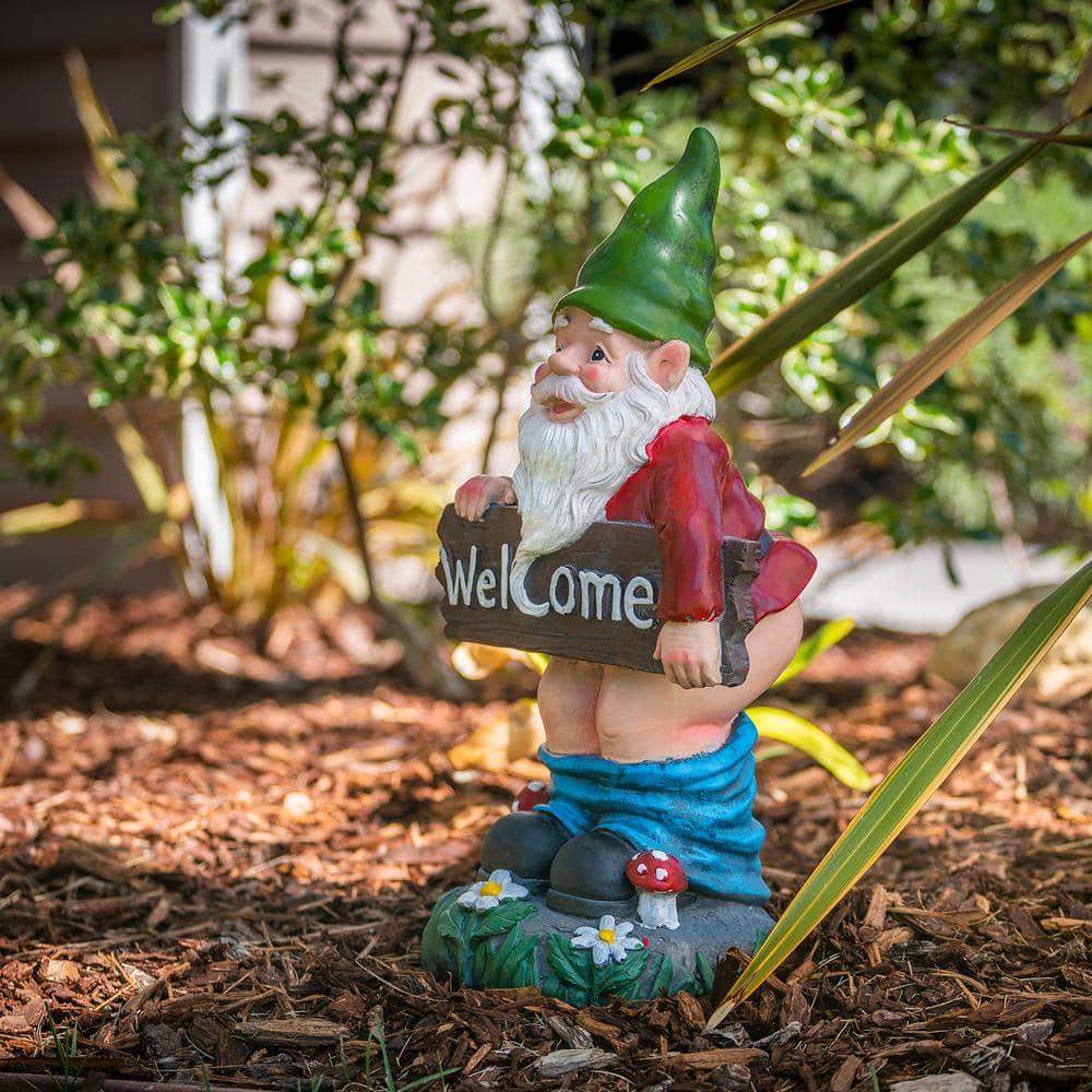 22"H Ceramic Outdoor Sculpture - Alpine Corporation: Garden Gnome with Welcome Sign, Mythical Decor