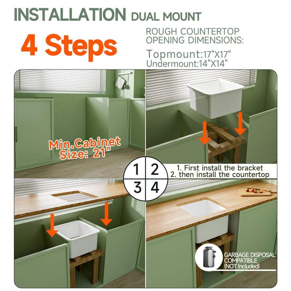 18" L x 18" W Single Bowl Fireclay Kitchen Sinks White with Bottom Grids and Basket Strainer