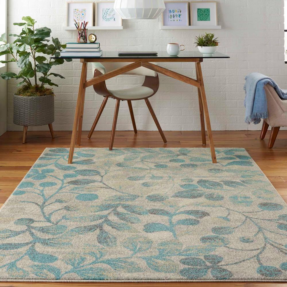 Nourison Tranquil 5'3" X 7'3" (5' x 7') Ivory/Turquoise Area Rug Contemporary Botanical Vine and Bloom by Nourison