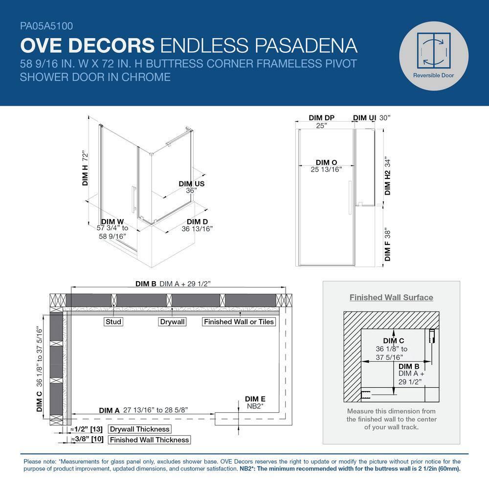 Endless Pasadena 58" W x 72" H Buttress Corner Shower Kit, Door, Panel