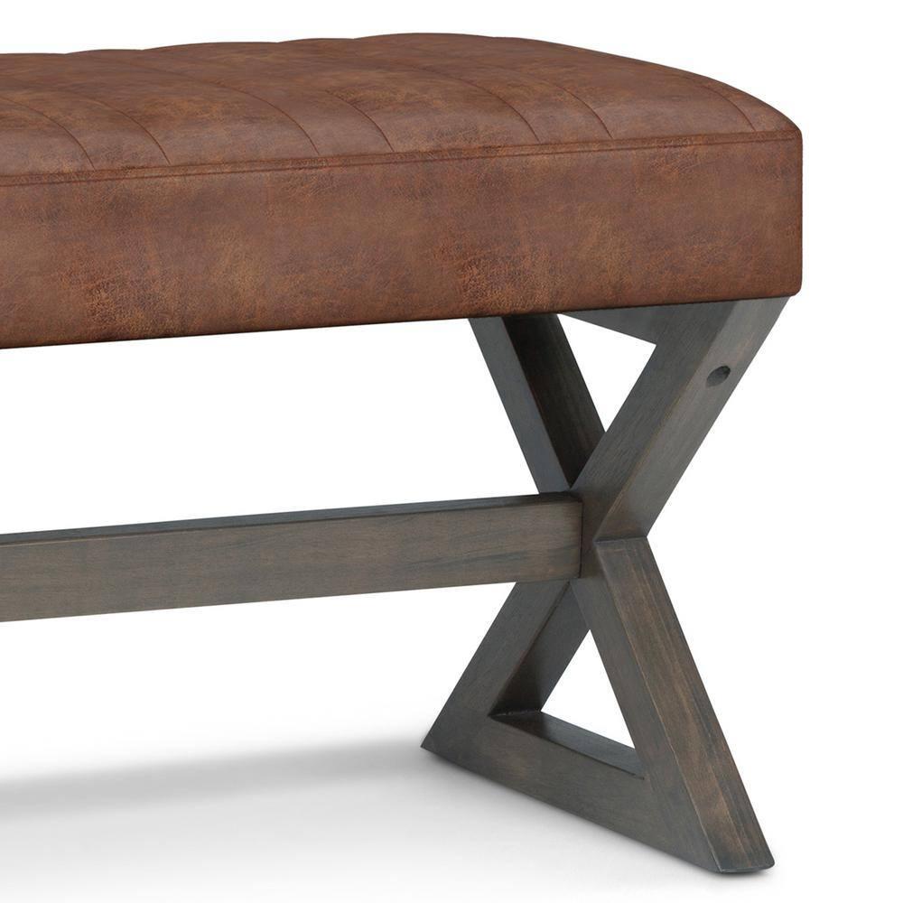 Simpli Home Salinger 48"W Large Ottoman Bench in Distressed Vegan Leather with Solid Wood Frame