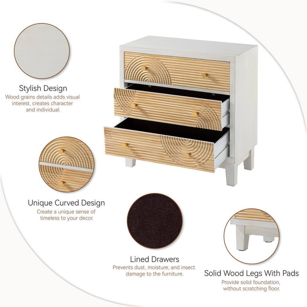COZAYH 3-Drawer Farmhouse Dresser with Handicraft Wood Ring Motif, Fully Assembled Nightstand Wooden Finish for Boho, Mid-century, Rustic Style