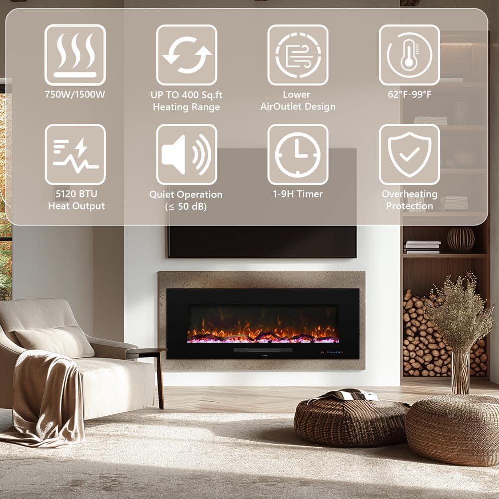 84 in. Electric Fireplace, Fireplace Insert/Wall Mounted with Thermostat, 1500-Watt to 750-Watt in Black