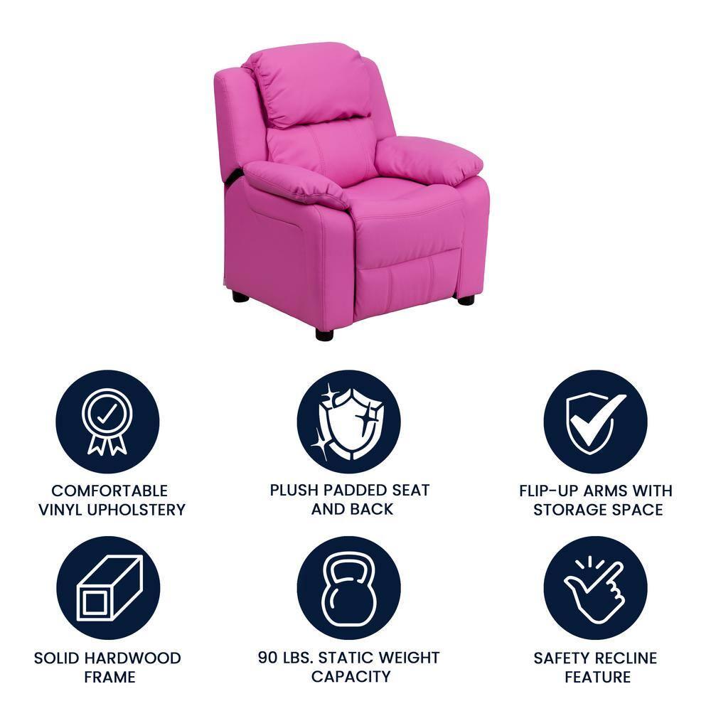 Flash Furniture Charlie Deluxe Padded Contemporary Hot Pink Vinyl Kids Recliner with Storage Arms